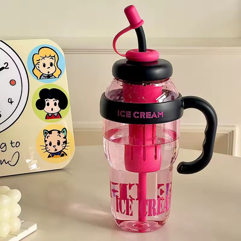 Water Bottle with Straw & Handle, Transparent Tumbler - Pink