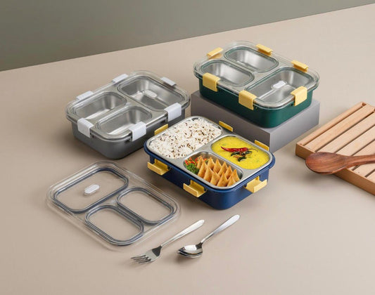 3 Compartment Stainless Steel Lunch Box, Leakage Proof Lunch Box - Pink