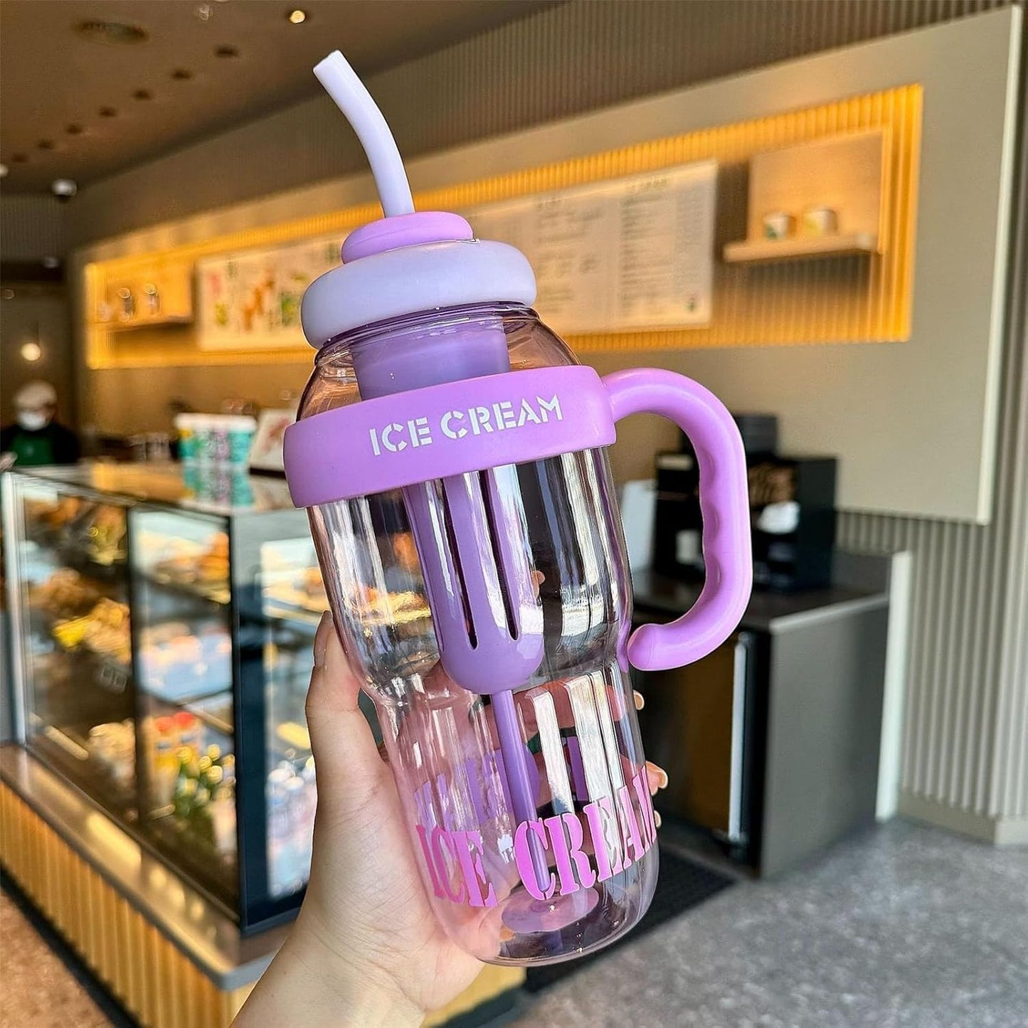 Water Bottle with Straw & Handle, Transparent Tumbler - Purple