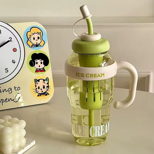 Water Bottle with Straw & Handle, Transparent Tumbler - Green